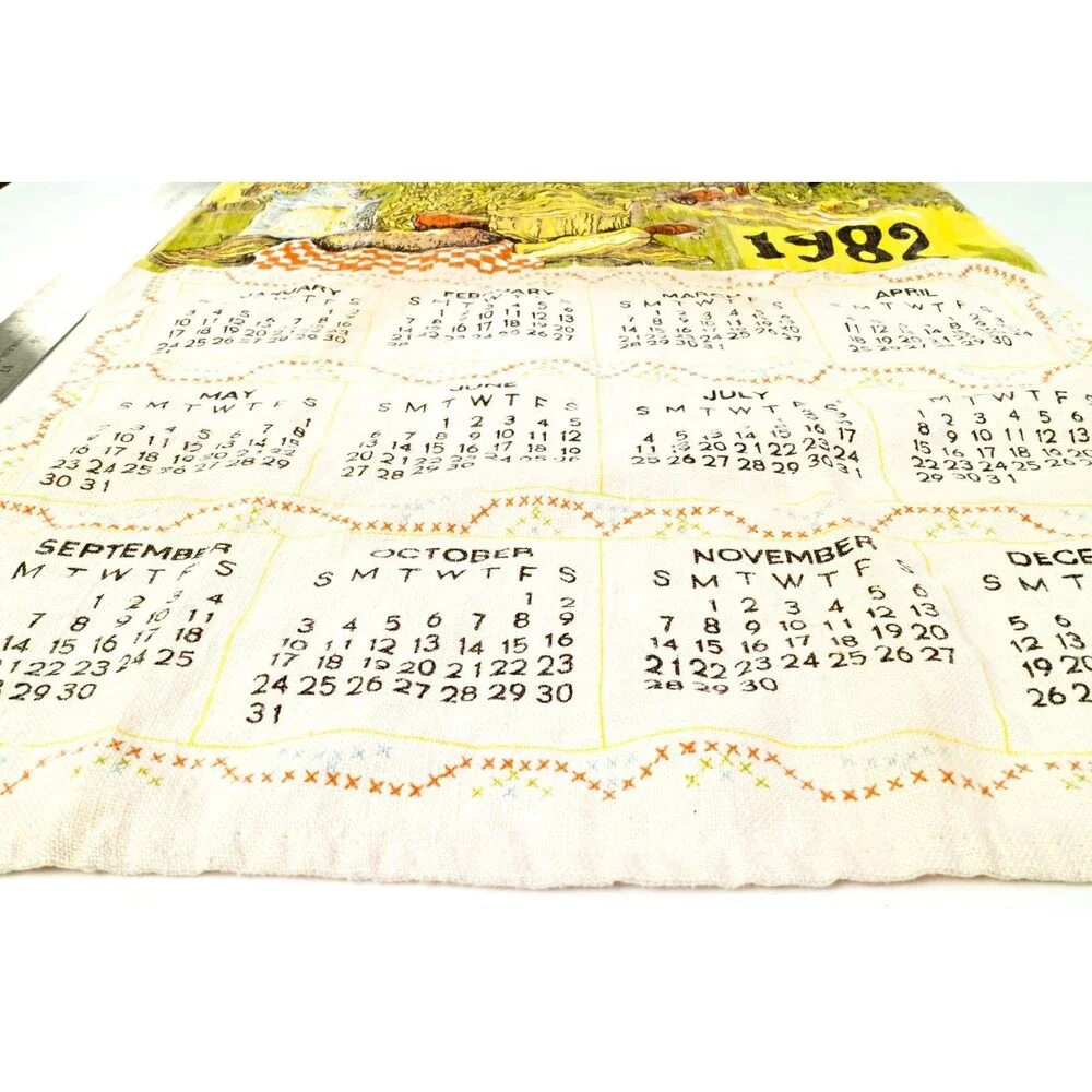 Vintage 1982 Cotton Fabric Kitchen Tea Towel Wall Calendar 25x15